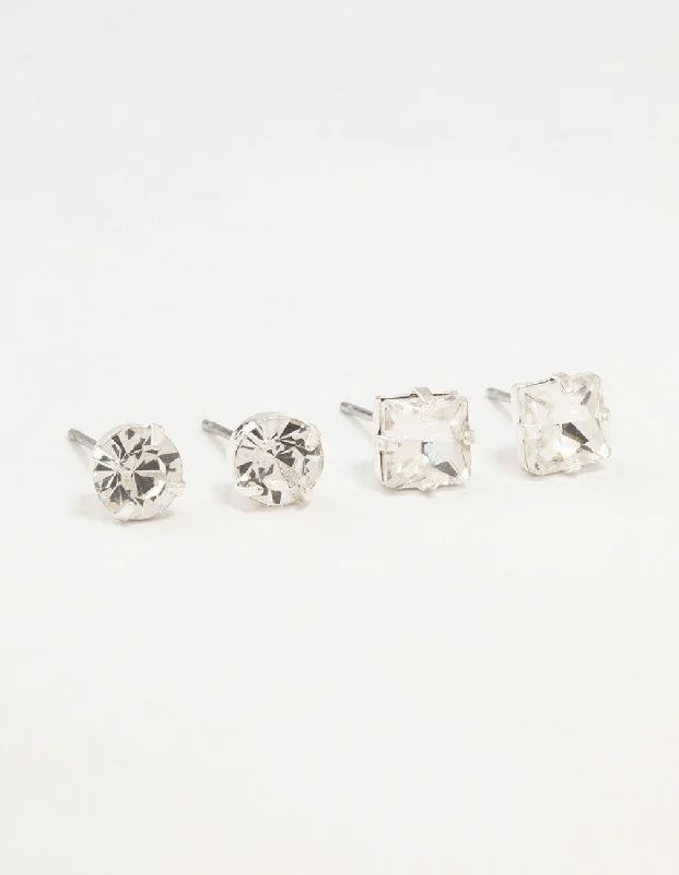 Vintage-style earrings for women-Silver Diamante Circle Square Stud Earrings 2-Pack