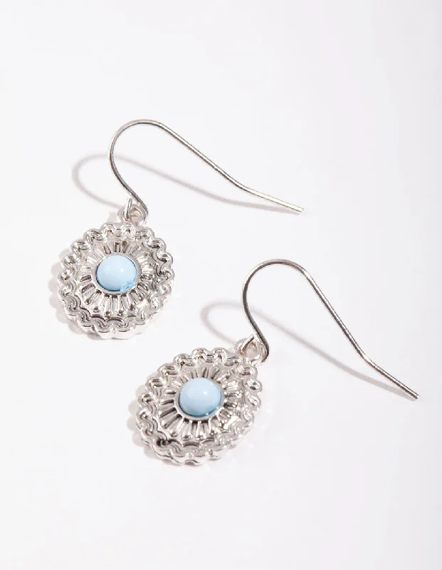 Beautiful emerald earrings for women-Antique Silver Floral Disc Drop Earrings