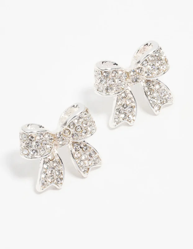 Unique earrings with engraved designs-Silver Pavé Diamante Bow Stud Earrings