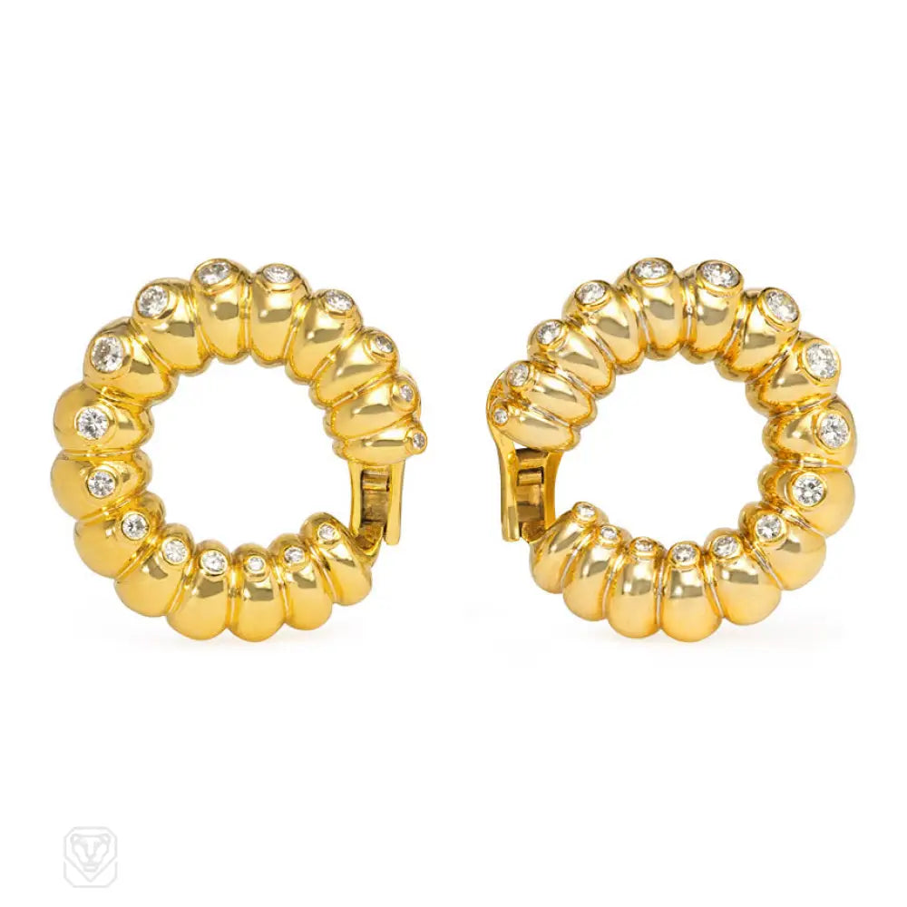 Affordable gold-plated earrings for women-Gold and diamond ribbed hoop earrings