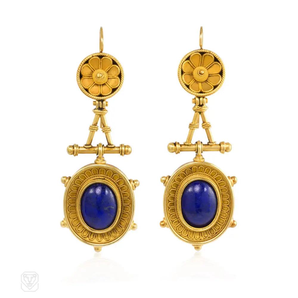 Women’s fashion earrings with modern designs-Antique Etruscan style lapis earrings.