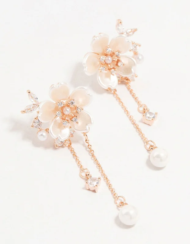 Classic gold earrings for women-Rose Gold Plated Flower Diamante Pearl Drop Earrings