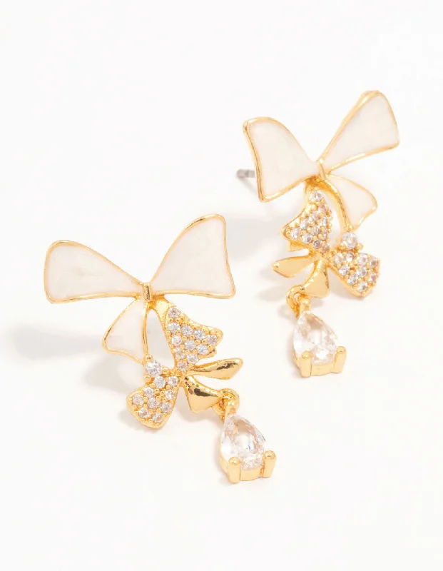 Stunning sapphire stud earrings for women-Real Gold Plated Cascading Cubic Zirconia & Cream Bow Drop Earrings