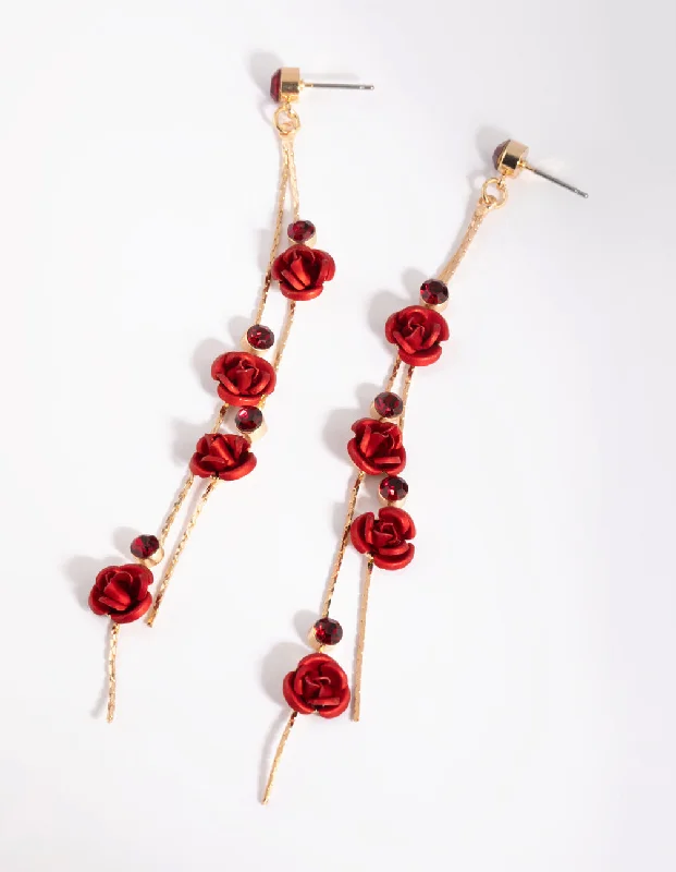 Custom gemstone earrings for women-Red Rose Drop Earrings