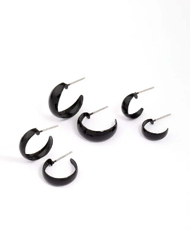 Women’s statement earrings with feathers-Black Chunky Hoop Earring 3-Pack