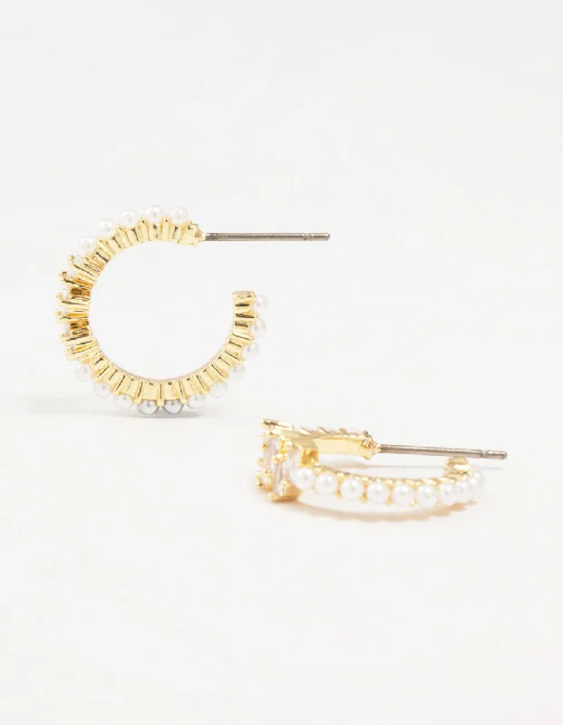 Unique geometric earrings for women-Gold Plated Pearl & Cubic Zirconia Hoop Earrings