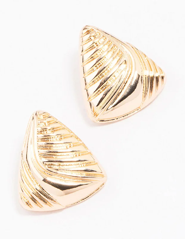 Luxury crystal earrings for women-Gold Ribbed Triangular Stud Earrings