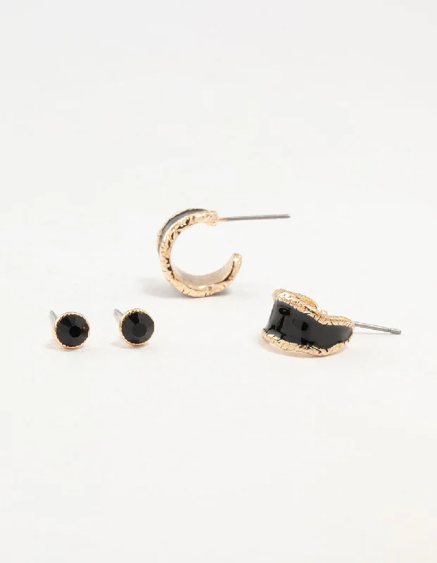 Unique earrings with multi-colored stones-Gold Black Diamante Stud & Hoop Earrings 2-Pack