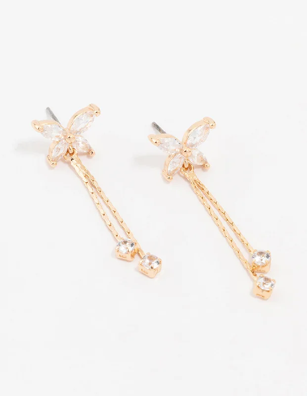 Elegant pearl earrings with silver accents-Gold Cubic Zirconia Butterfly Drop Earrings