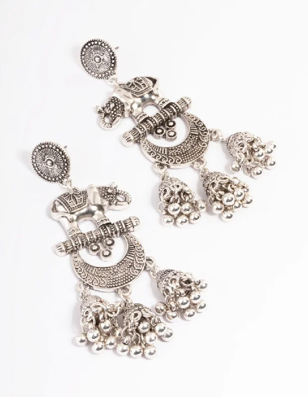 Beautiful hoop earrings with diamonds-Long Antique Silver Elephant Jhumka Earrings