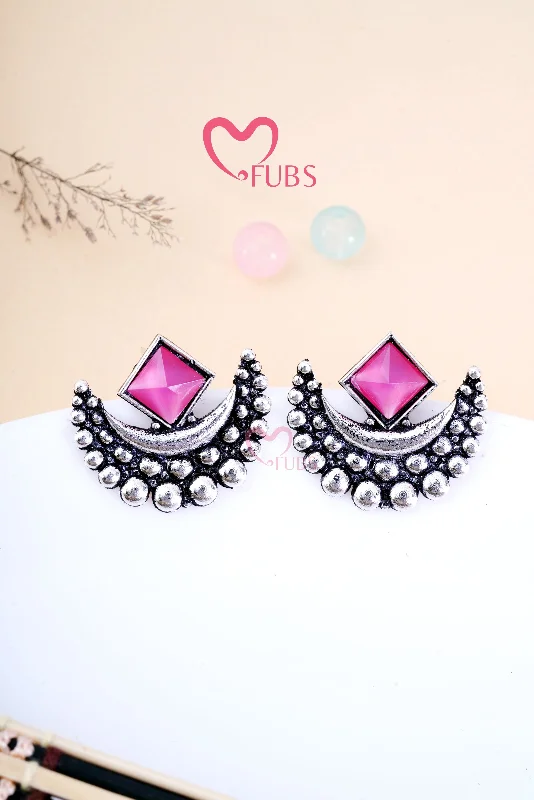 Simple gold stud earrings for women-Pink Chandrama Oxidized Earrings