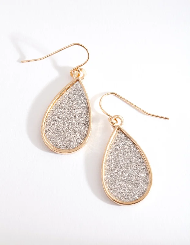 Luxury earrings with emerald stones-Gold Glitter Tear Drop Earrings