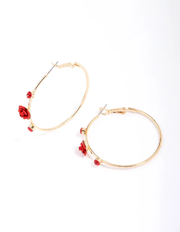 Trendy earrings with colorful gemstones-Gold Pearlised Red Rose Hoop Earrings