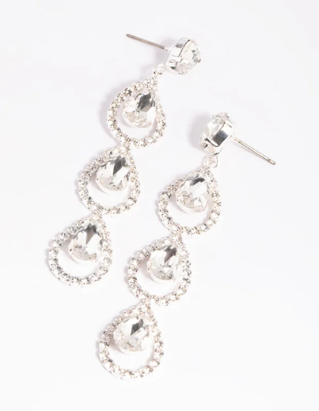 Stylish diamond earrings for women-Silver Halo Drop Earrings