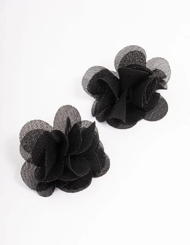 Personalized gold earrings for women-Black Fabric Layered Flower Stud Earrings