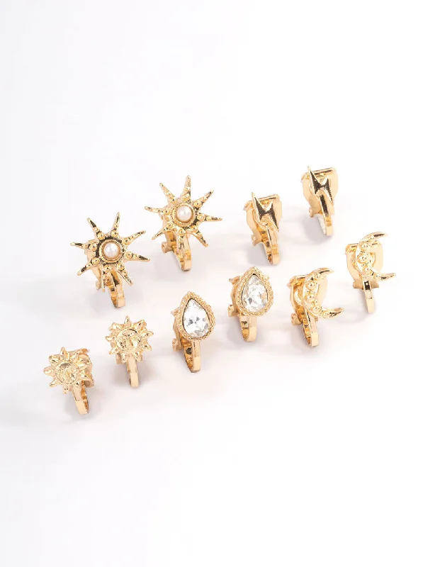 Unique geometric earrings for women-Gold Mix Celestial Clip On Earrings 5-Pack