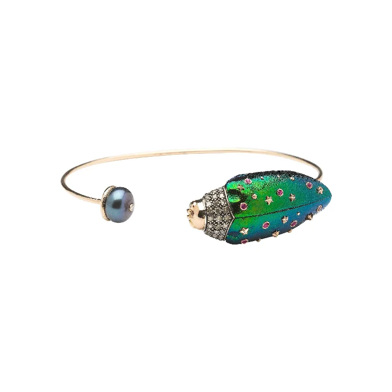 Affordable bracelets for women with crystals-Scarab And Pearl Rose Gold & Silver Bangle