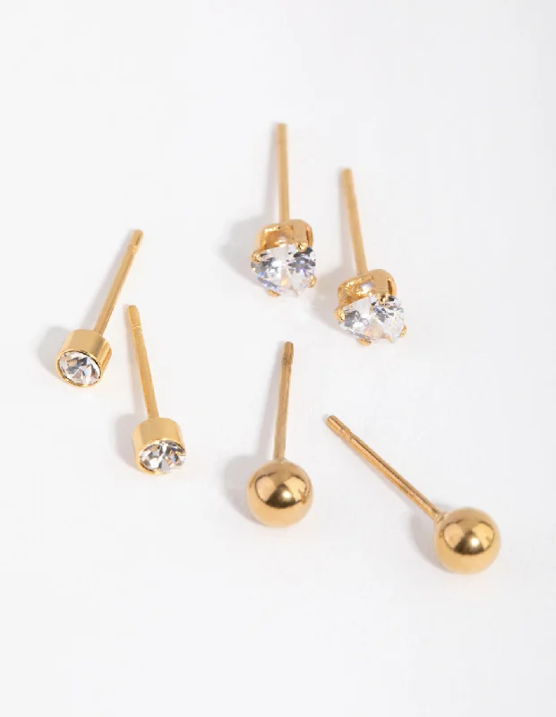 Women’s earrings with matching necklaces-24 Carat Gold Plated Surgical Steel Love Stud Earrings 3-Pack