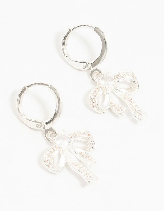 Stunning hoops for women with crystals-Silver Cubic Zirconia Huggie Bow Drop Earrings