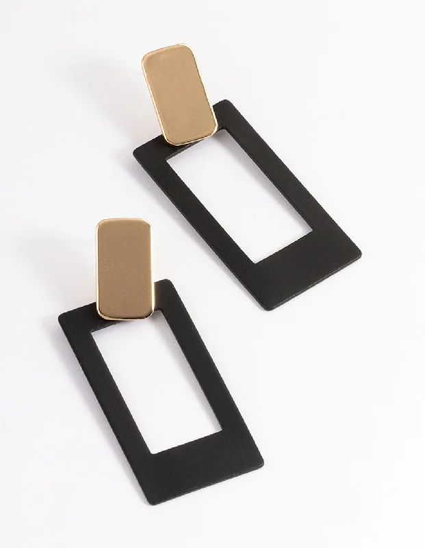 Women’s earrings with matching bracelets-Gold Open Black Rectangle Drop Earrings