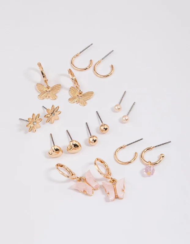 Beautiful gold earrings with diamonds-Gold Butterfly Motif Stud & Hoop Earrings 8-Pack