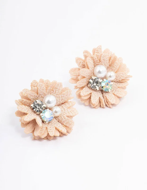 Statement earrings for women with large gemstones-Blush Pearl & Diamante Flower Stud Earrings