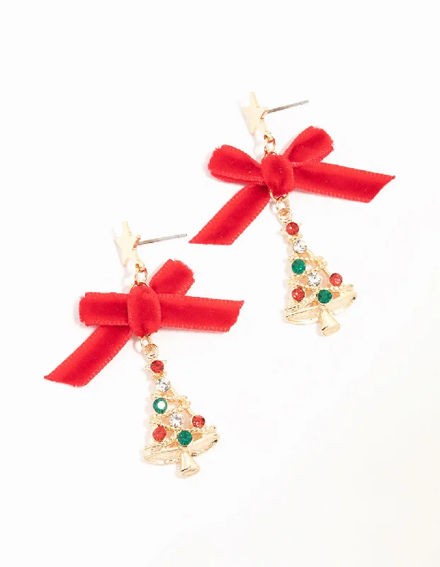 Women’s earrings with spiral designs-Red Bow & Diamante Tree Drop Earrings