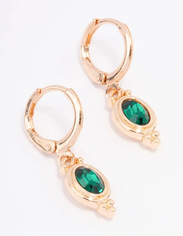 Trendy hoop earrings for ladies-Green Oval Stone Drop Huggie Earrings