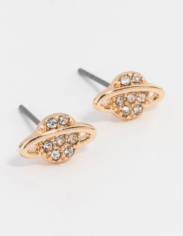 Unique earrings with engraved designs-Gold Diamante Planet Stud Earrings