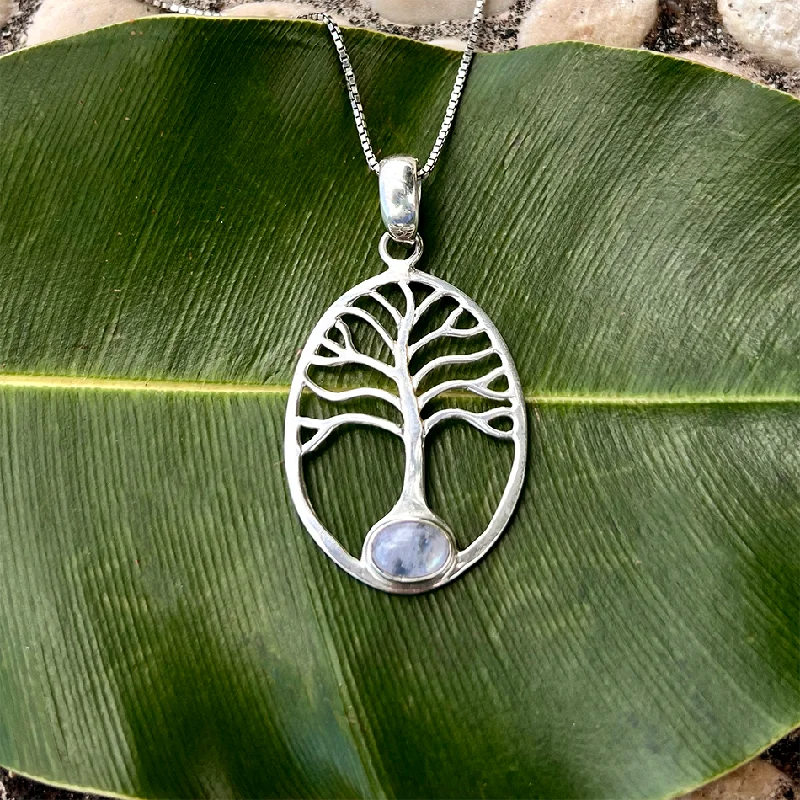 Bohemian-style necklaces for women-Rainbow Moonstone Tree Of Life Necklace - Sterling Silver, Indonesia