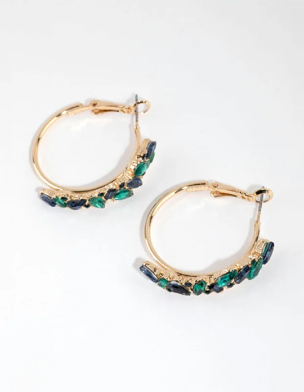 Stunning gemstone earrings for women-Blue & Green Cluster Diamante Hoop Earrings