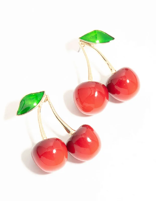 Women’s earrings with heart-shaped designs-Red Double Cherry Drop Gold Earrings