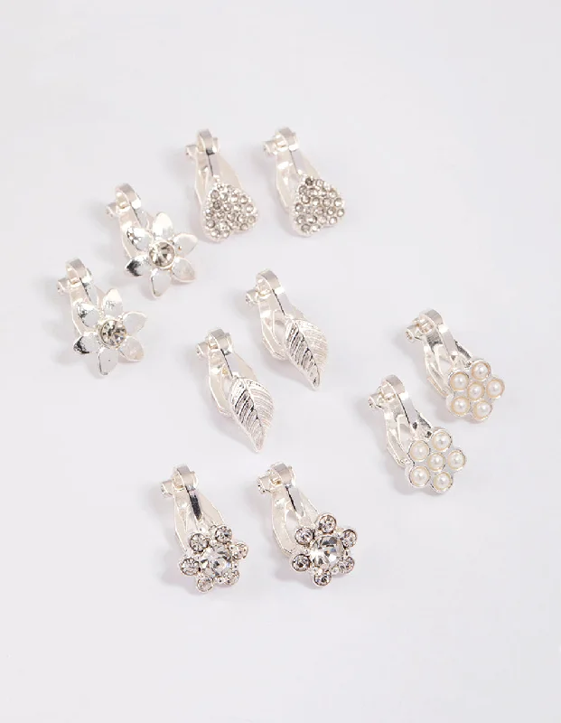 Personalized earrings for women with initials-Silver Paved Heart Flower Clip On Earrings 5-Pack