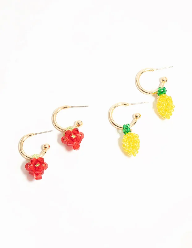 Trendy earrings for women with geometric shapes-Gold Fruit Charm Hoop Earrings 2-Pack