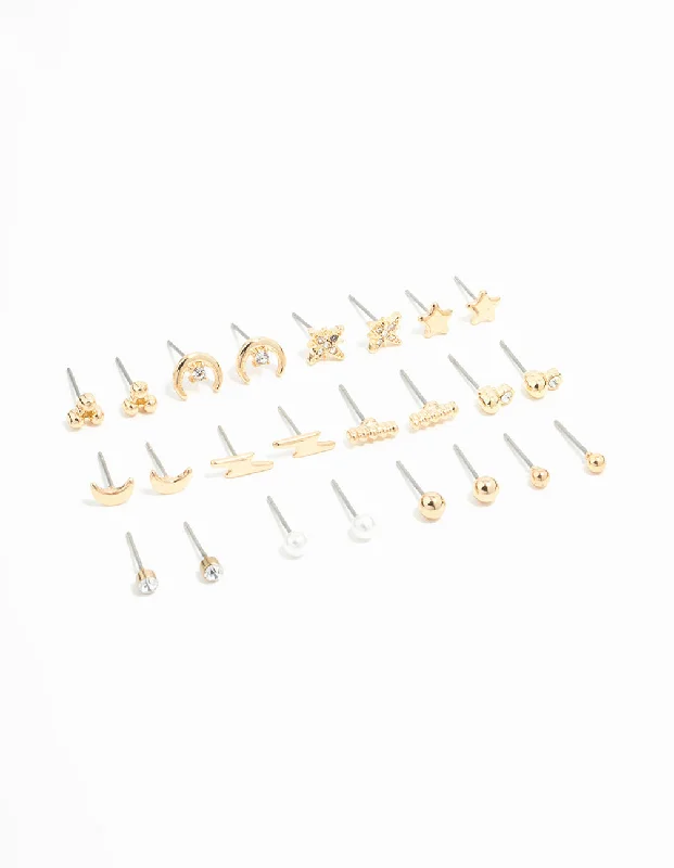 Women’s earrings with opal stones-Gold Moon & Star Stud Earrings 12-Pack