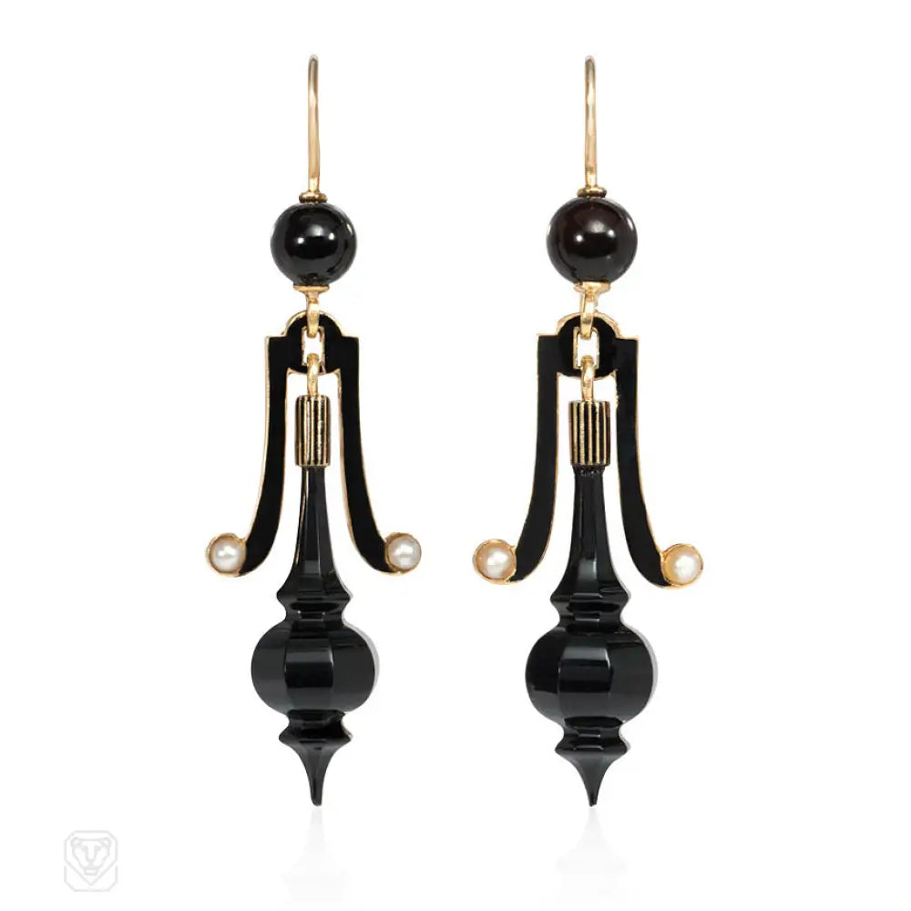 Unique geometric earrings for women-Antique onyx urn earrings