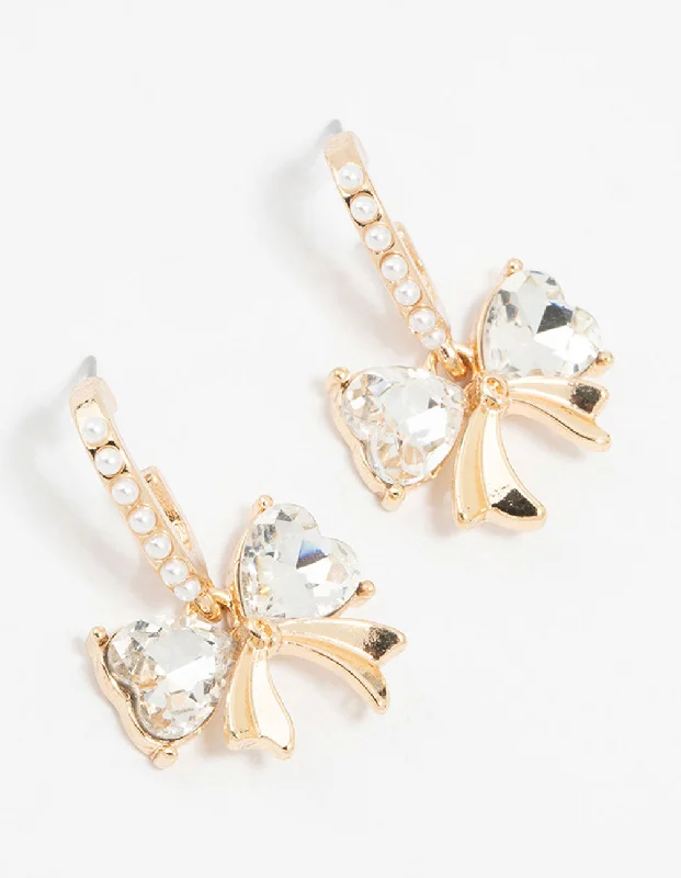 Women’s statement earrings with large stones-Gold Pearl Diamante Bow Hoop Earrings