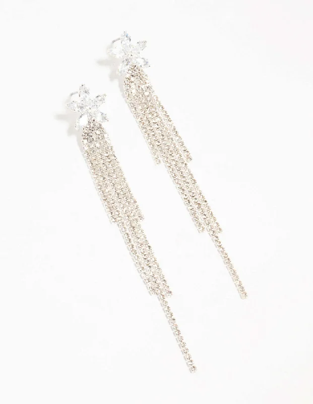 Luxury chandelier earrings for women-Diamante Floral Cup Chain Drop Silver Earrings