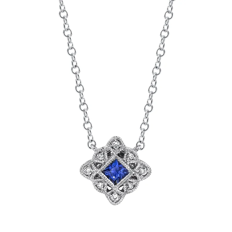 Women’s long chain necklaces-14K White Gold 0.18ct. Sapphire & 0.04ct. Diamond Filigree Detailing Fashion Necklace