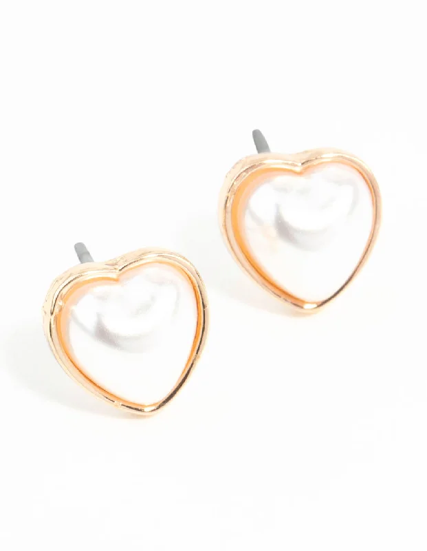 Elegant sterling silver earrings for women-Gold Mini Pearl Heart Stud Earrings