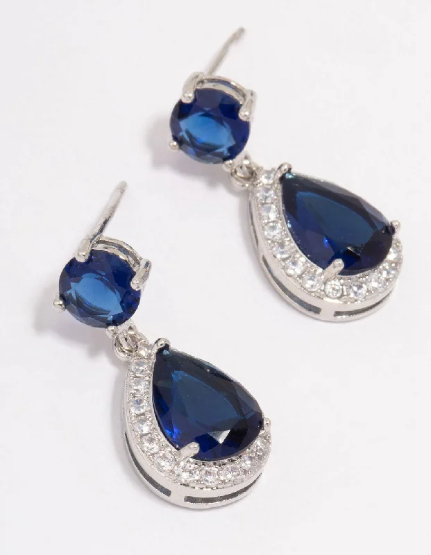 Women’s fashion earrings with modern designs-Silver Sapphire Stone Teardrop Drop Earrings