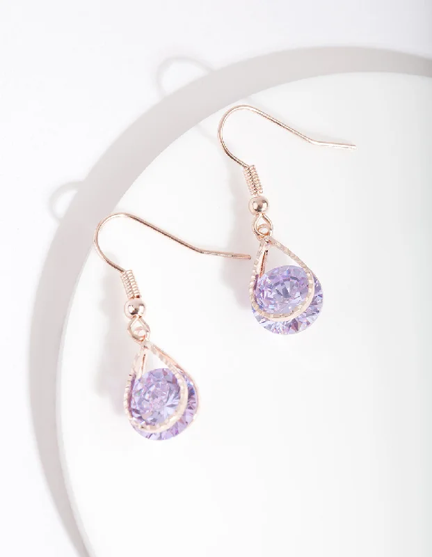 Classic stud earrings for women-Rose Gold Cubic Zirconia Purple Diamante Teardrop Earrings