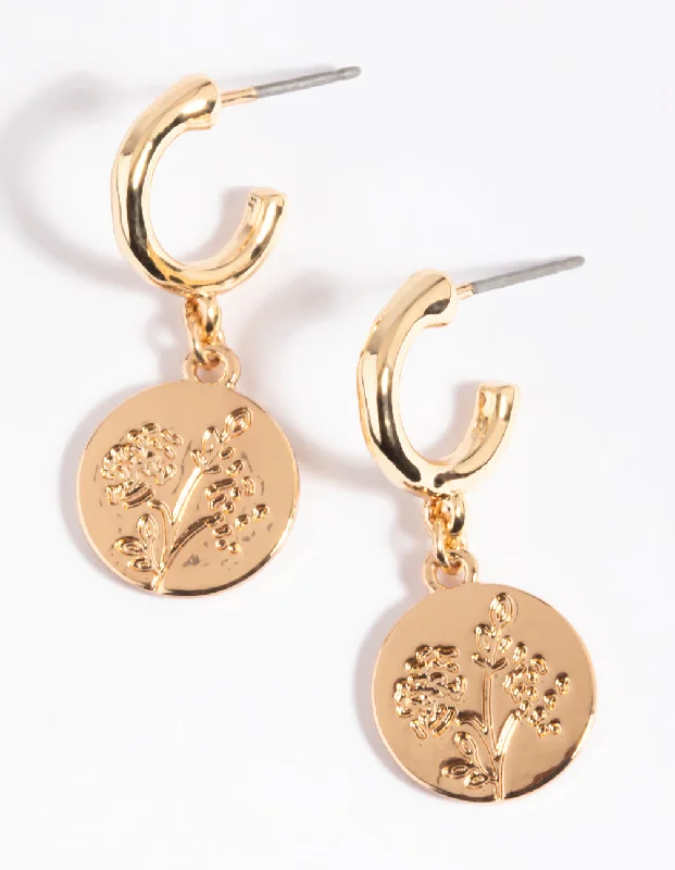 Women’s earrings with heart-shaped designs-Gold Flower Disc Huggie Hoop Earrings