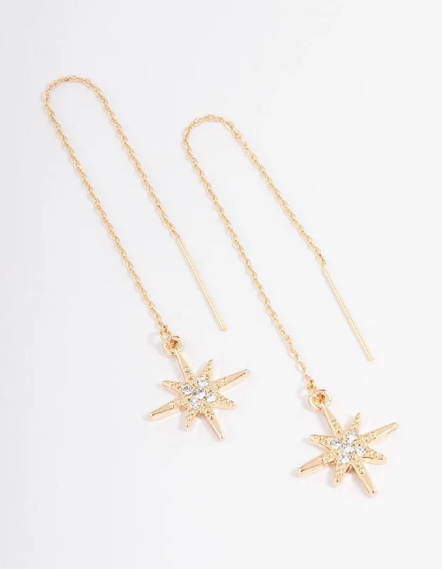 Simple silver drop earrings for women-Gold Fine Diamante Star Threader Earrings