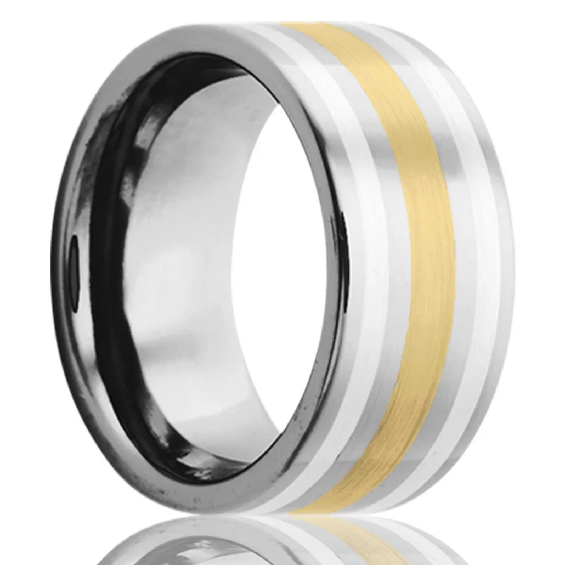 Unique rings with multicolor stones for women-14k Yellow Gold & Argentium Silver Inlay Cobalt Wedding Band