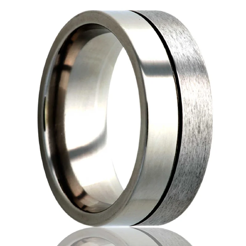 Simple silver rings for women-Satin Finish Grooved Titanium Wedding Band with Satin Finish & Polished Finishes