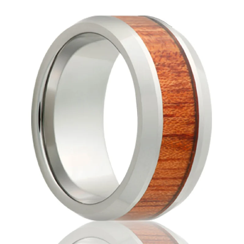 Wedding rings for women with unique designs-Blood Wood Inlay Tungsten Wedding Band with Beveled Edges