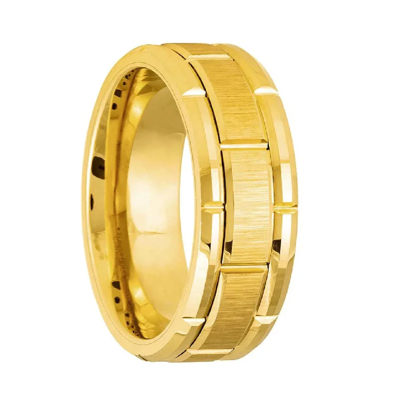 Unique custom rings for ladies-Geometric Grooved Gold Tungsten Men's Wedding Band