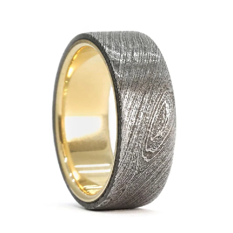 Trendy silver rings for women-14k Yellow Gold & Damascus Steel Men's Wedding Band