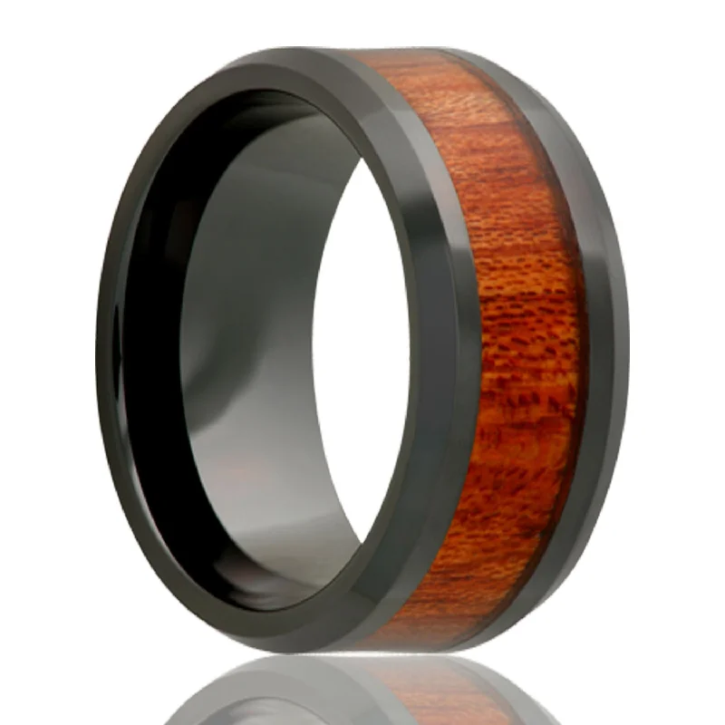 Elegant platinum rings for women-Blood Wood Inlay Ceramic Wedding Band with Beveled Edges